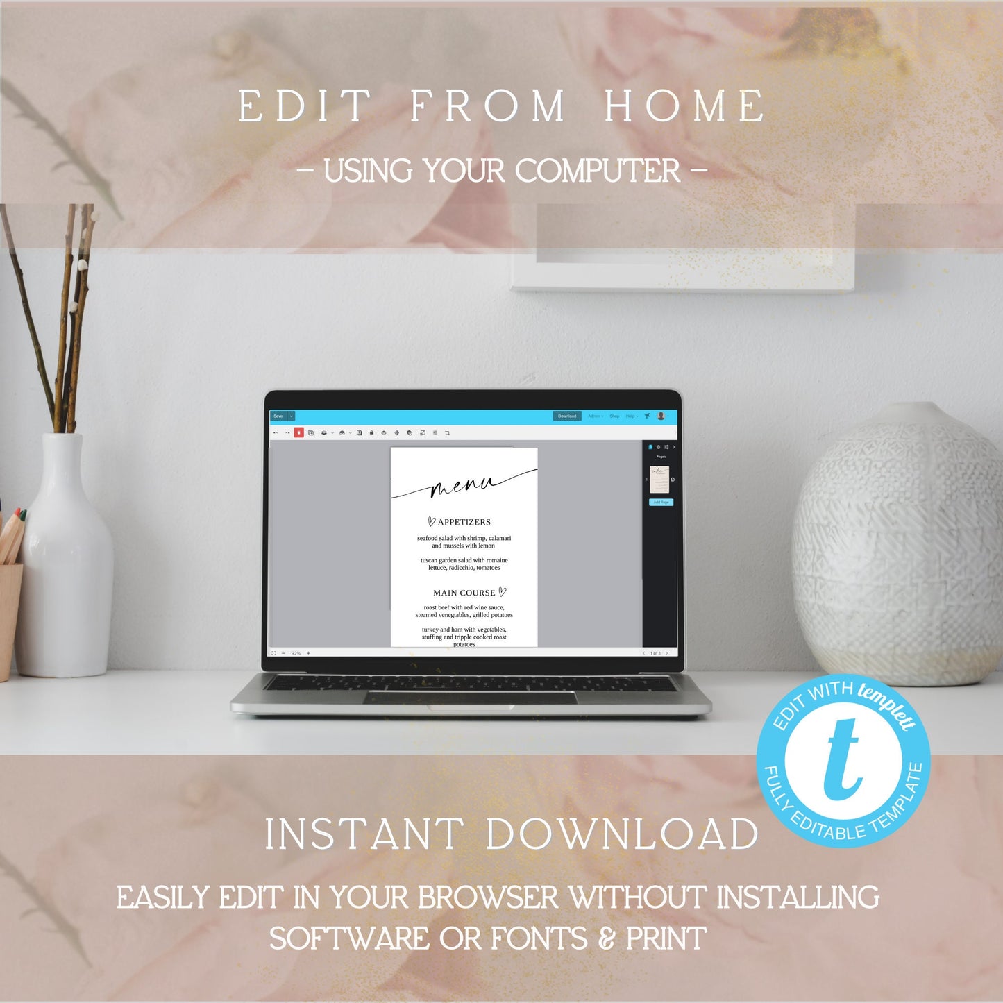 Wedding Menu Template, Wedding Buffet Menu, Minimalistic Menu, Templett, Instant Download, Try Before Purchase, Editable & Printable Menu