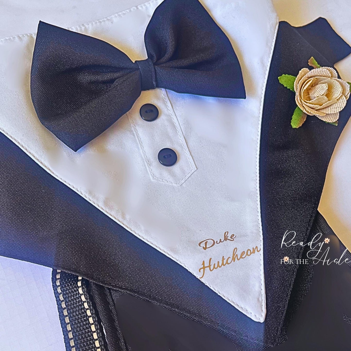 Dog Tuxedo Harness Outfit | Black and Gold Dog Wedding Outfit | Dog Ring Bearer | Personalised dog wedding Outfit With Name | Dog Wedding