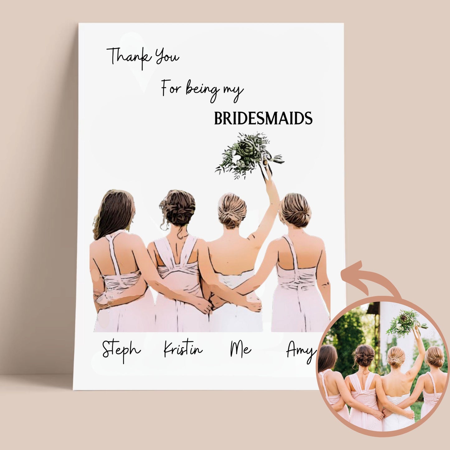 Bridesmaid Photo Personalised Illustration, Personalised Bridesmaid Print, Custom Wedding Photo Illustration,Wedding Gift - DIGITAL FILE