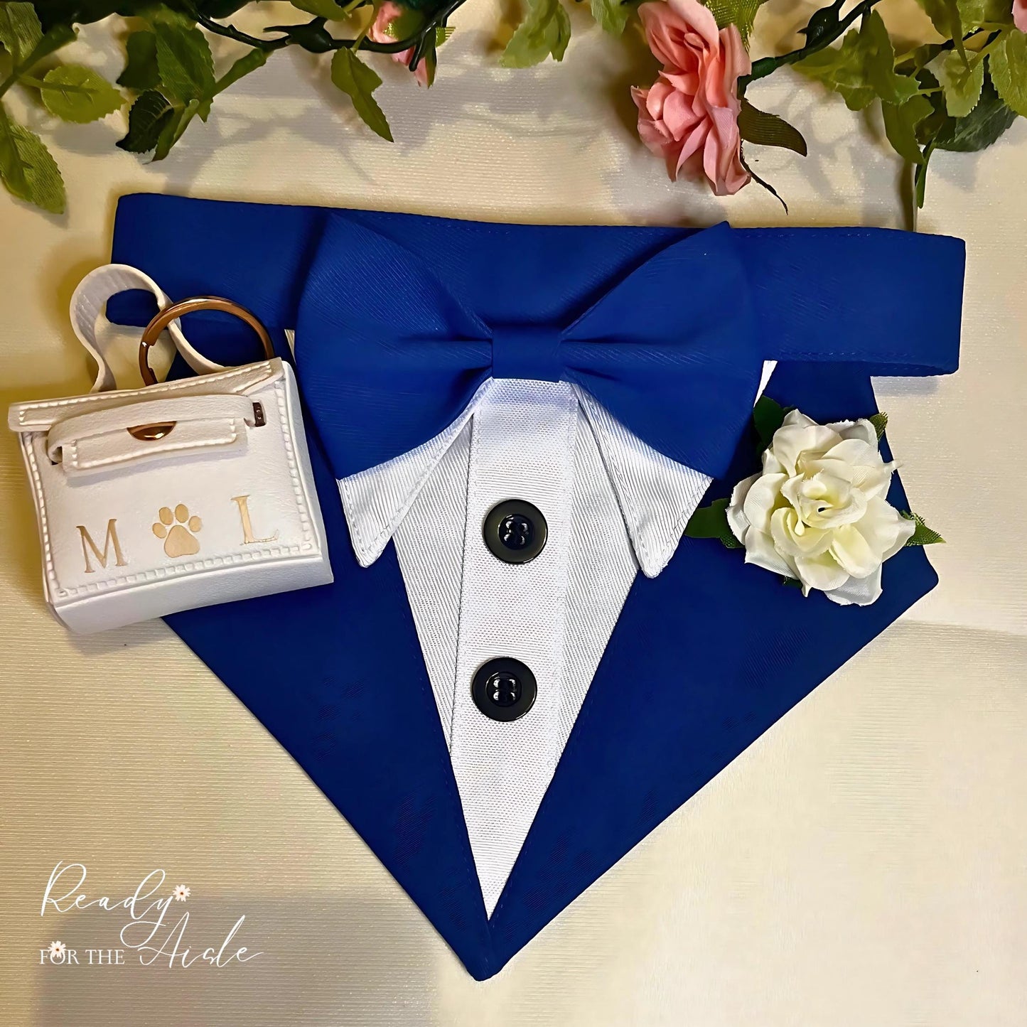 Dog Tuxedo Harness Outfit Blue | Navy Dog Wedding Outfit | Dog Ring Bearer | Personalised dog wedding outfit with ring bearer box | Dog Idea