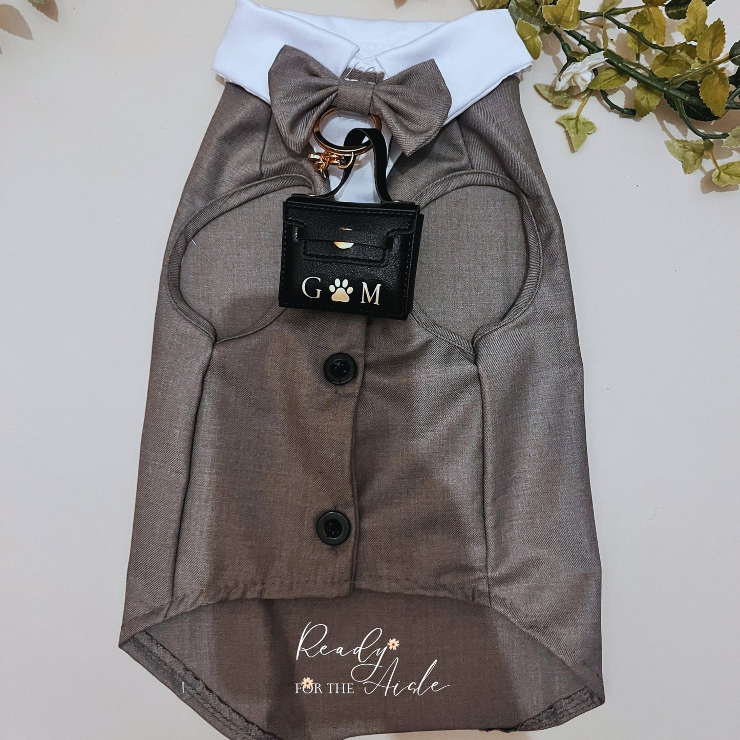 Grey Dog Tuxedo Outfit | Dog Wedding Outfit | Dog Ring Bearer | Personalised dog wedding outfit with ring bearer box | Dog Wedding Tuxedo