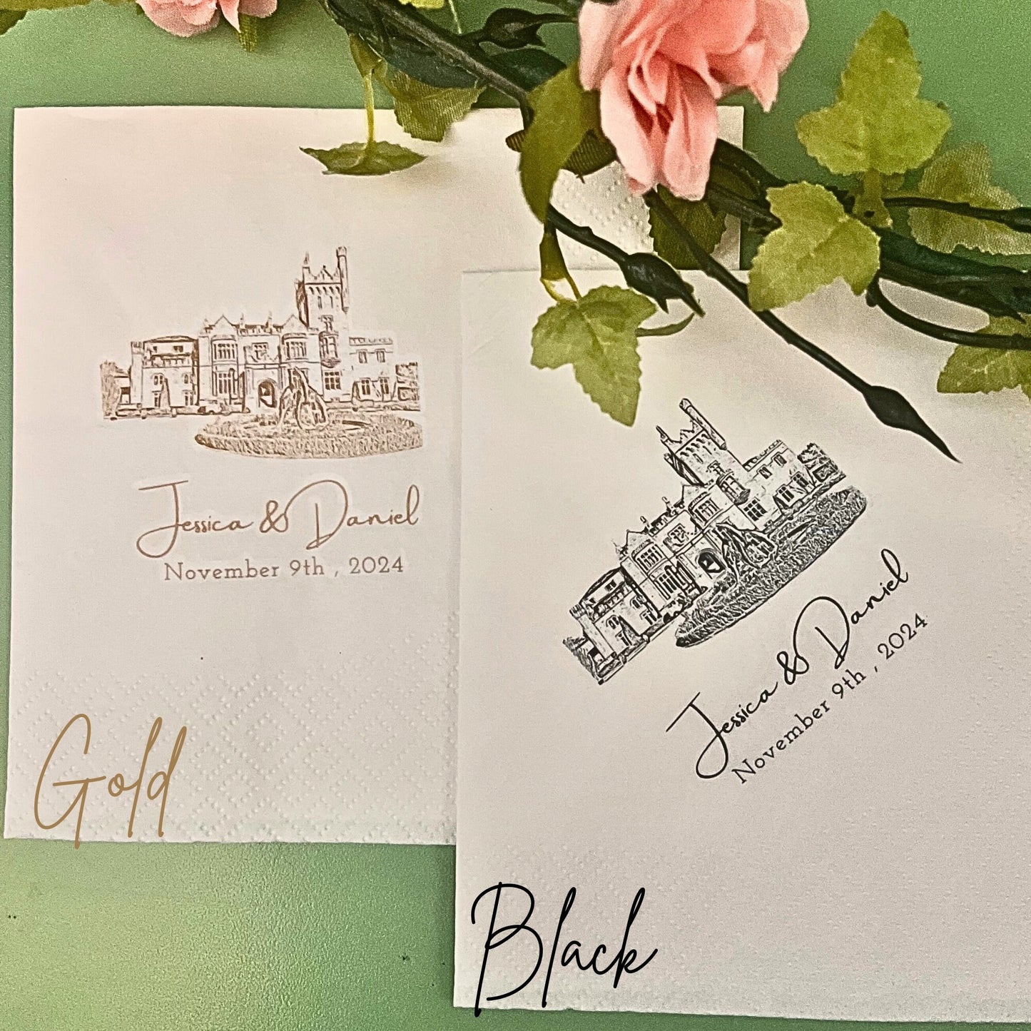 Wedding Venue Illustration Napkin, Personalised wedding venue napkins, Wedding venue bar napkins, Bride and groom cocktail napkins