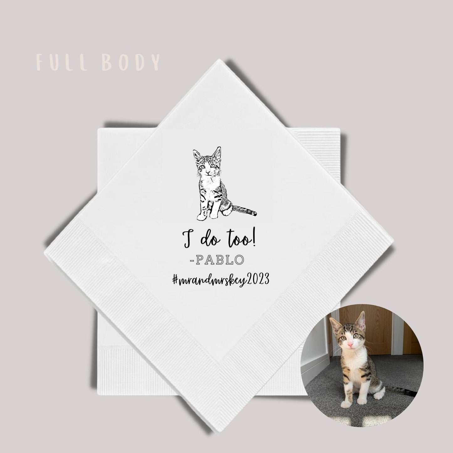 Custom Cat Cocktail Napkins • Personalized Cat Wedding Napkins • Bridal Shower • Rehearsal Dinner Napkins • Cat Party Napkins • Cat Birthday