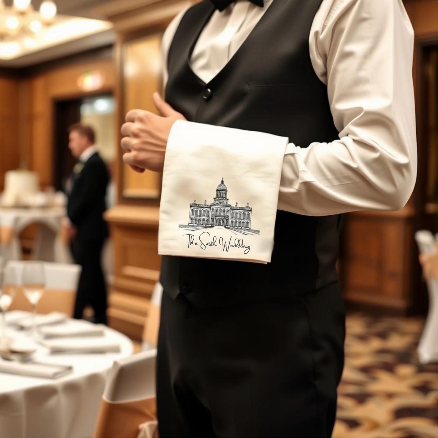 Wedding Venue Illustration Napkin, Personalised Wedding Venue Waiter Serving Towel, Wedding Waiters Cloth, Wedding Waiter Towel With Venue