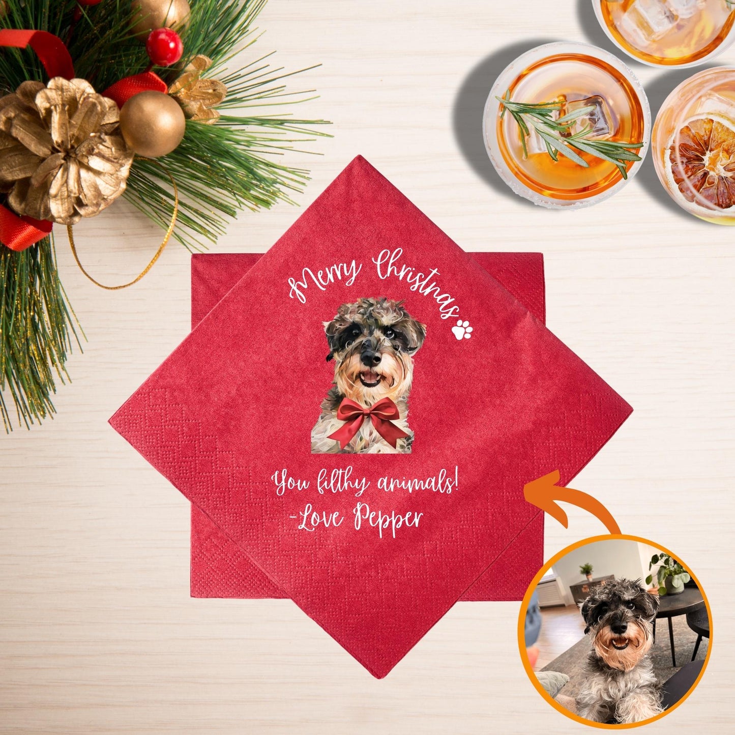 Custom Pet Cocktail Napkins, Dog Christmas Napkin, Red Pet Christmas Napkins, Customized Pet Napkins for Christmas, Christmas Party Napkins