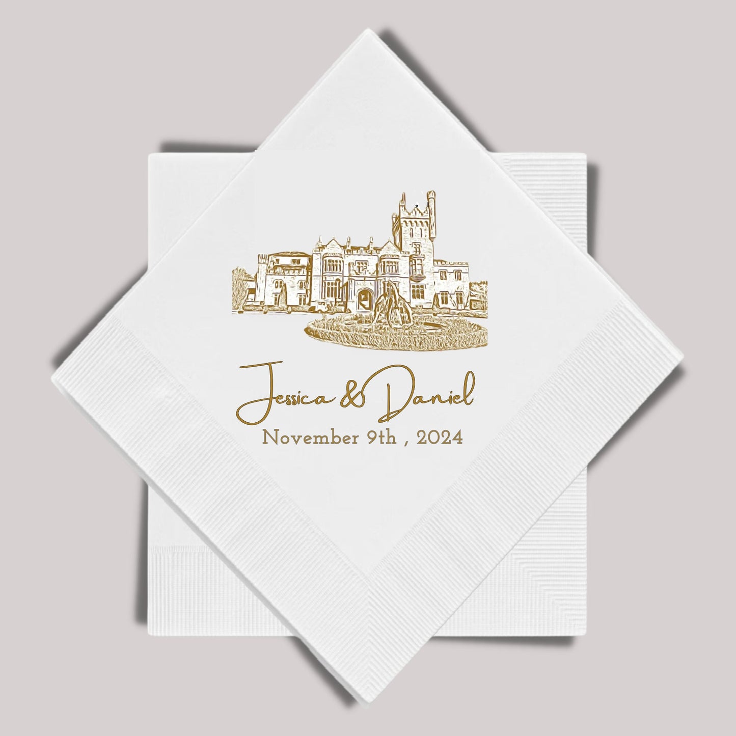 Wedding Venue Illustration Napkin, Personalised wedding venue napkins, Wedding venue bar napkins, Bride and groom cocktail napkins