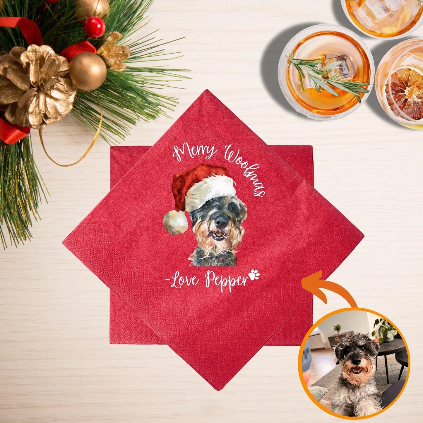 Custom Pet Cocktail Napkins, Dog Christmas Napkin, Red Pet Christmas Napkins, Customized Pet Napkins for Christmas, Christmas Party Napkins