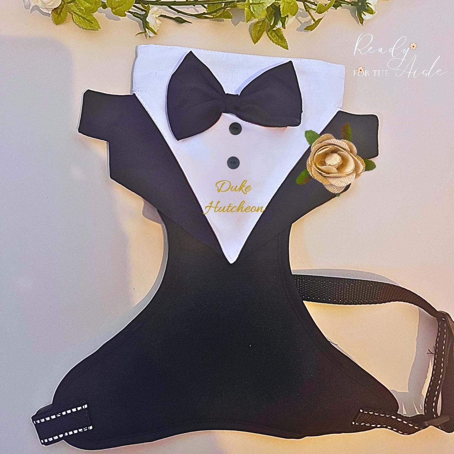 Dog Tuxedo Harness Outfit | Black and Gold Dog Wedding Outfit | Dog Ring Bearer | Personalised dog wedding Outfit With Name | Dog Wedding