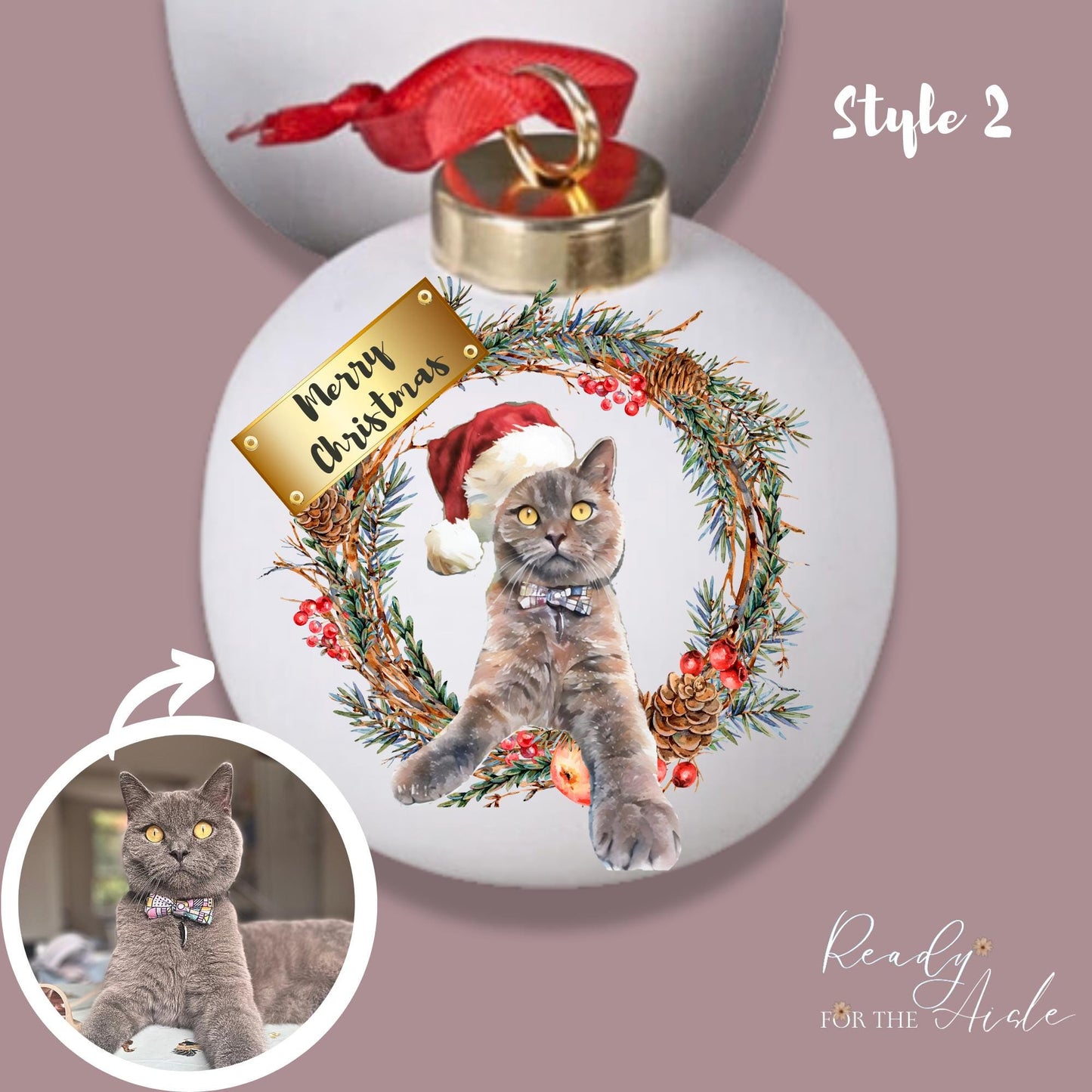 Pet Christmas Bauble | Personalised Cat Christmas Bauble Watercolour | Watercolour Pet Portrait | Cat Xmas Decoration | Cat Christmas Bauble
