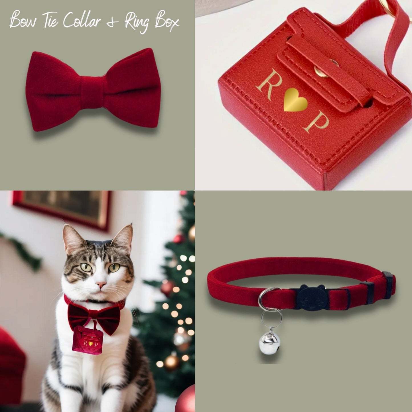 Cat Proposal Collar | Red Velvet Cat Collar with Bow Tie | Cat Christmas Outfit | Cat Christmas Proposal Ring Box | Red Bow Tie Cat Collar