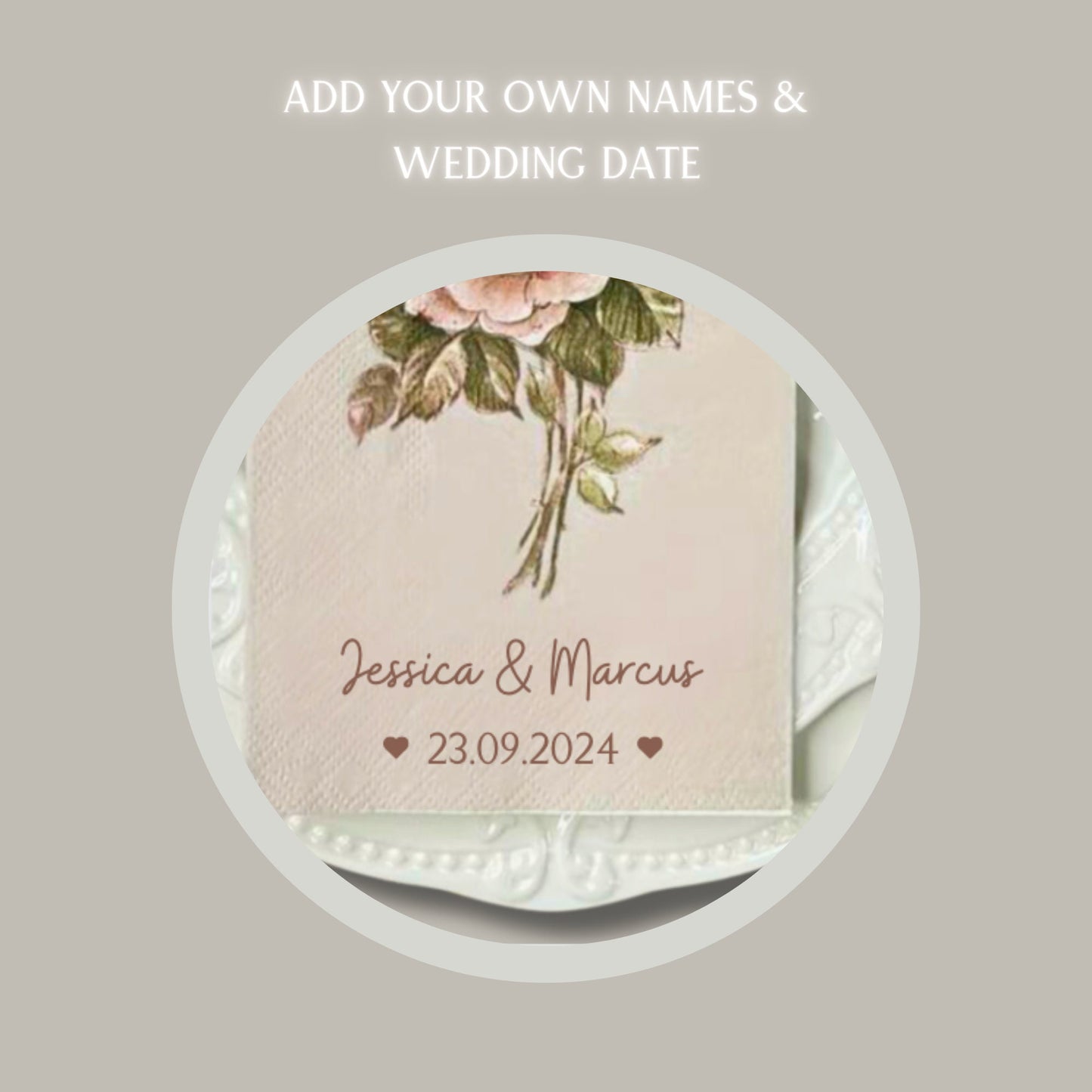 Vintage Wedding Napkins, Flower Wedding Napkins, Personalised Cocktail Napkins, Customized Napkins for Wedding, Floral Napkins with Names