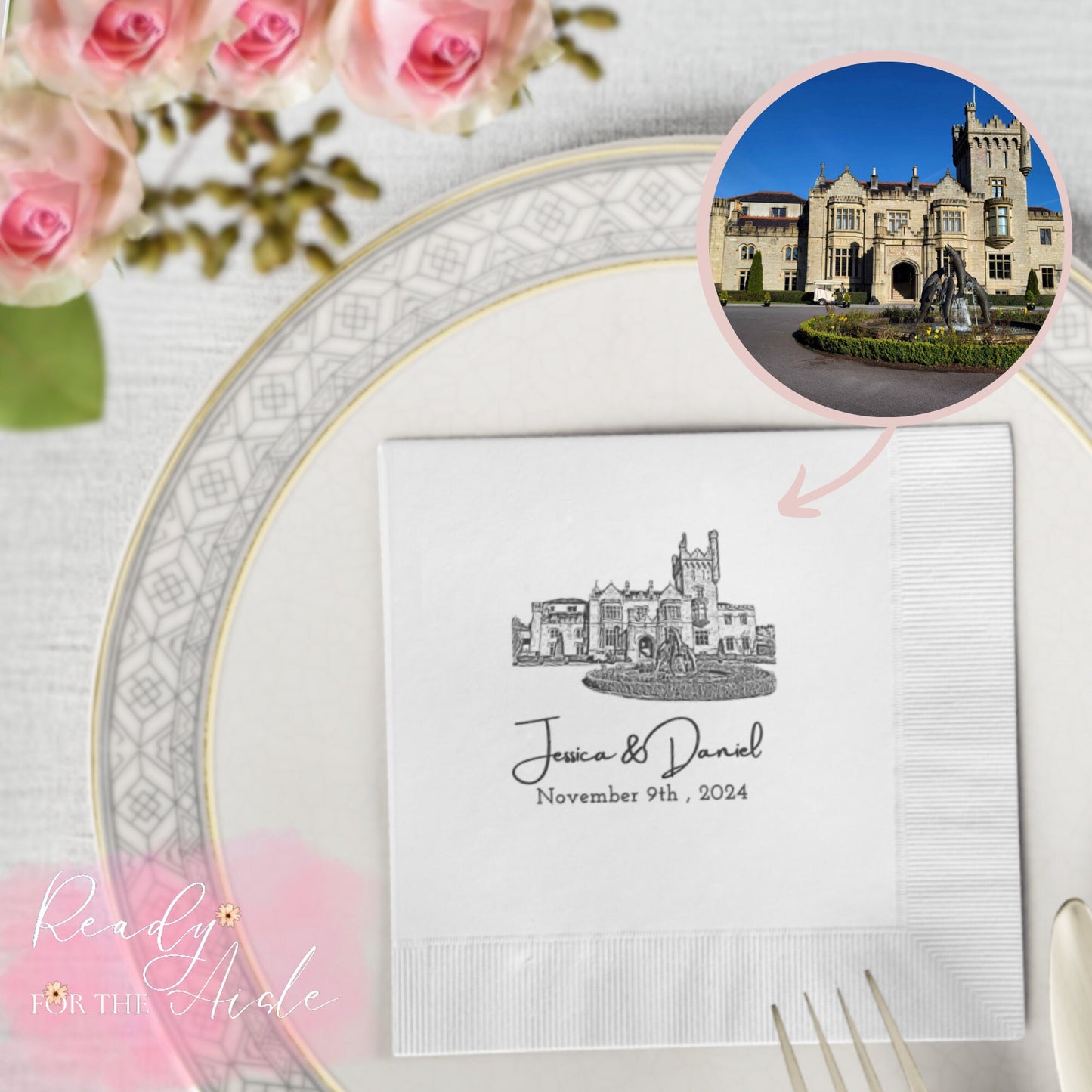 Personalised wedding venue napkins, Wedding venue bar napkins, Personalised cocktail napkins for wedding, Bride and groom cocktail napkins