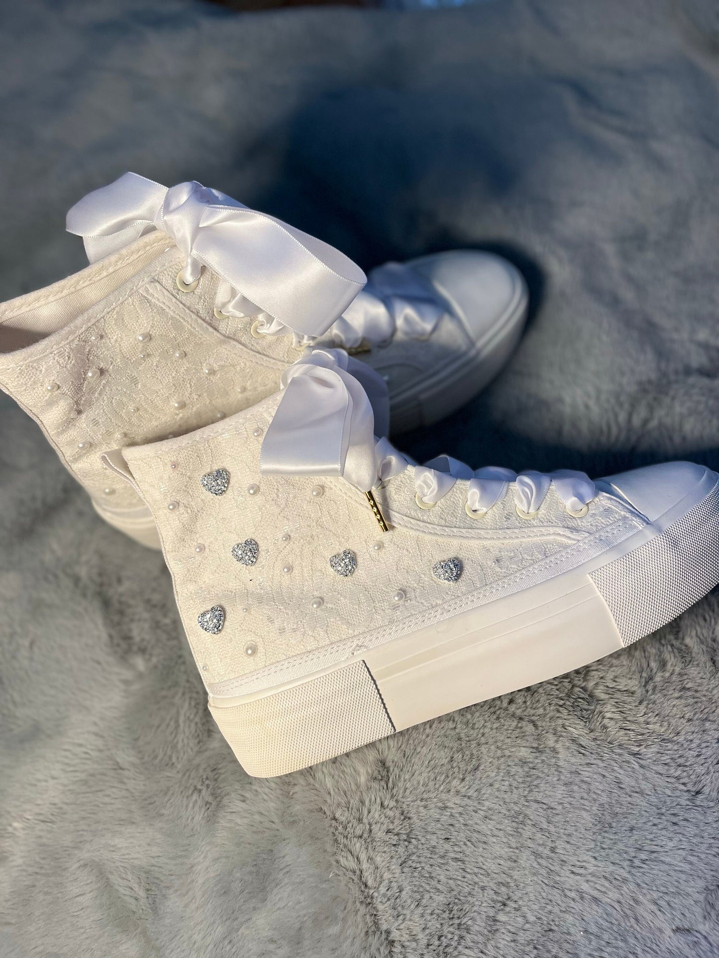 Personalized Bride Sneakers | Custom Bridal Sneakers | Embellished Wedding Shoes | Lace & Pearl Wedding Trainers | Personalised Bride Shoes