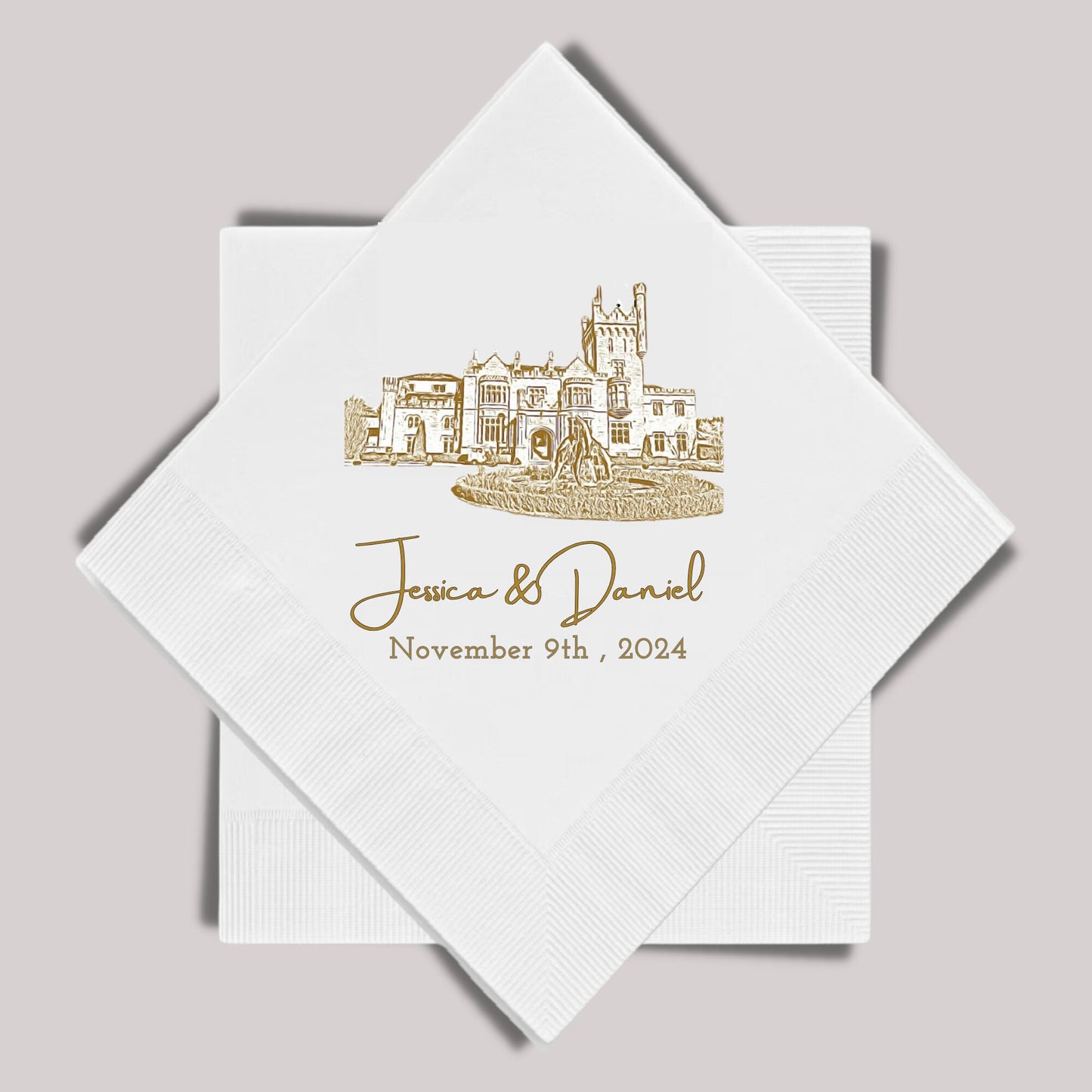 Personalised wedding venue napkins, Wedding venue bar napkins, Personalised cocktail napkins for wedding, Bride and groom cocktail napkins