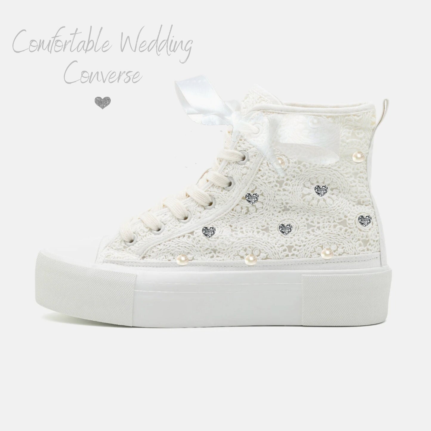 Personalized Bridal Sneakers | White Wedding Converse | Bride Converse | Lace & Pearl Wedding Trainers | Personalised Converse for Wedding