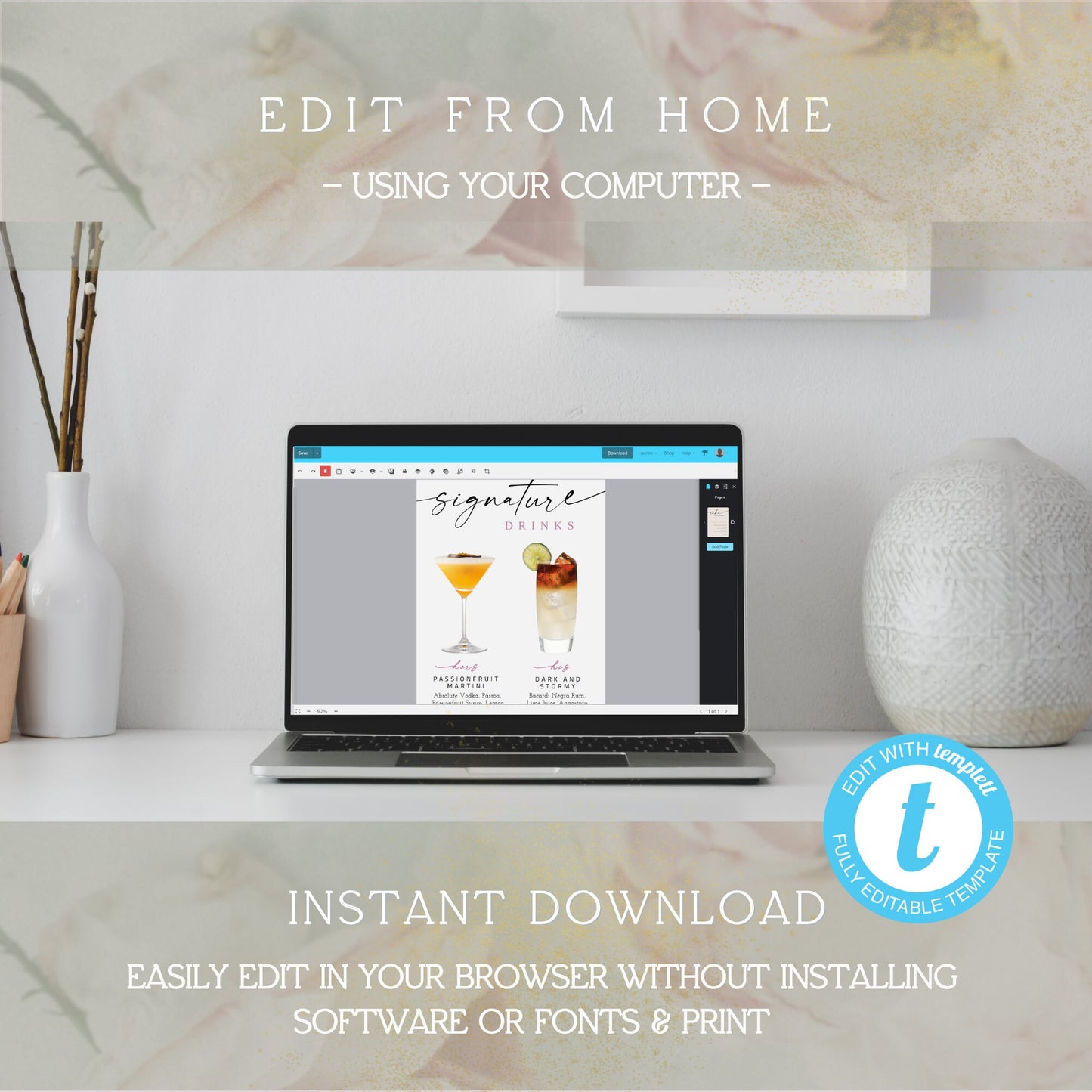 Signature Drinks Sign Template | Editable Drinks Sign | Printable Cocktail Sign | Cocktails Sign | Wedding Bar Menu Sign | TEMPLETT