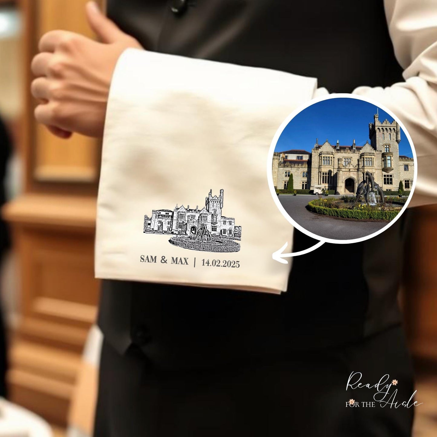 Wedding Venue Illustration Napkin, Personalised Wedding Venue Waiter Serving Towel, Wedding Waiters Cloth, Wedding Waiter Towel With Venue