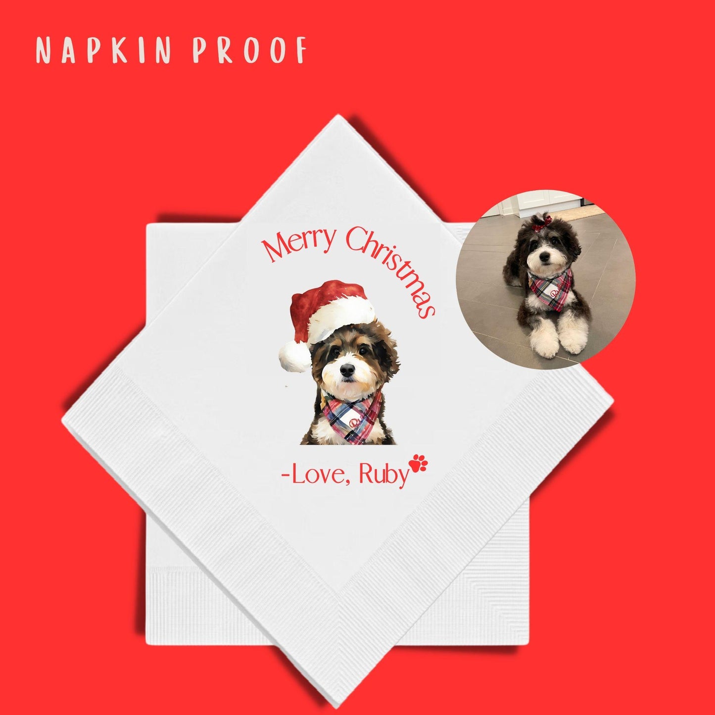 Custom Pet Cocktail Napkins, Dog Christmas Napkin, Red Pet Christmas Napkins, Customized Pet Napkins for Christmas, Christmas Party Napkins