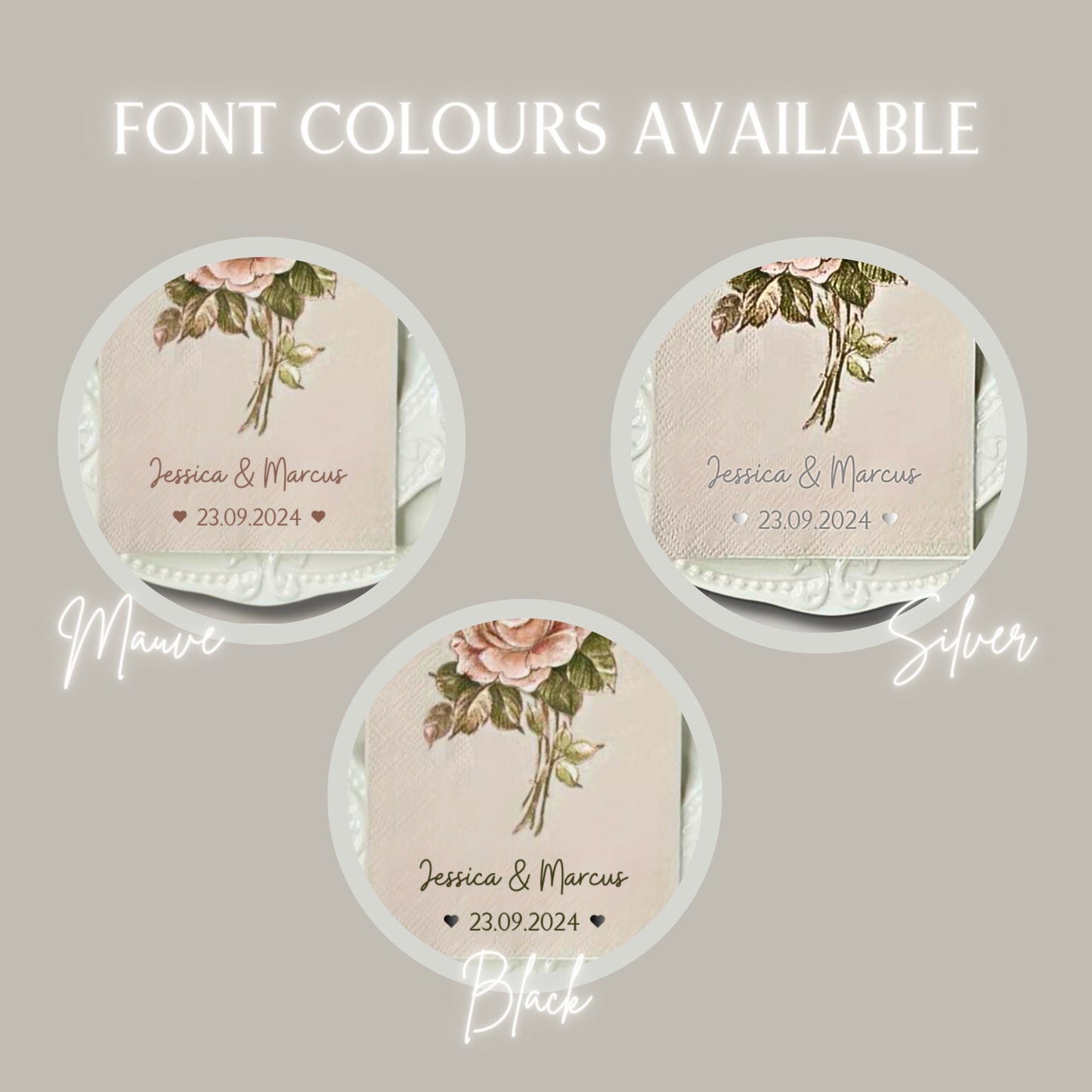 Vintage Wedding Napkins, Flower Wedding Napkins, Personalised Cocktail Napkins, Customized Napkins for Wedding, Floral Napkins with Names