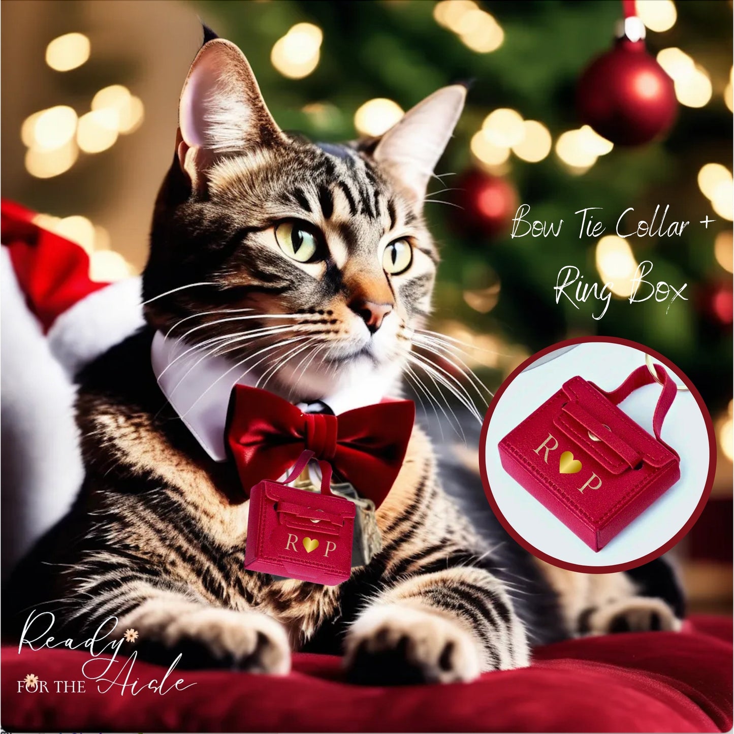 Cat Proposal Collar | Red Velvet Cat Collar with Bow Tie | Cat Christmas Outfit | Cat Christmas Proposal Ring Box | Red Bow Tie Cat Collar