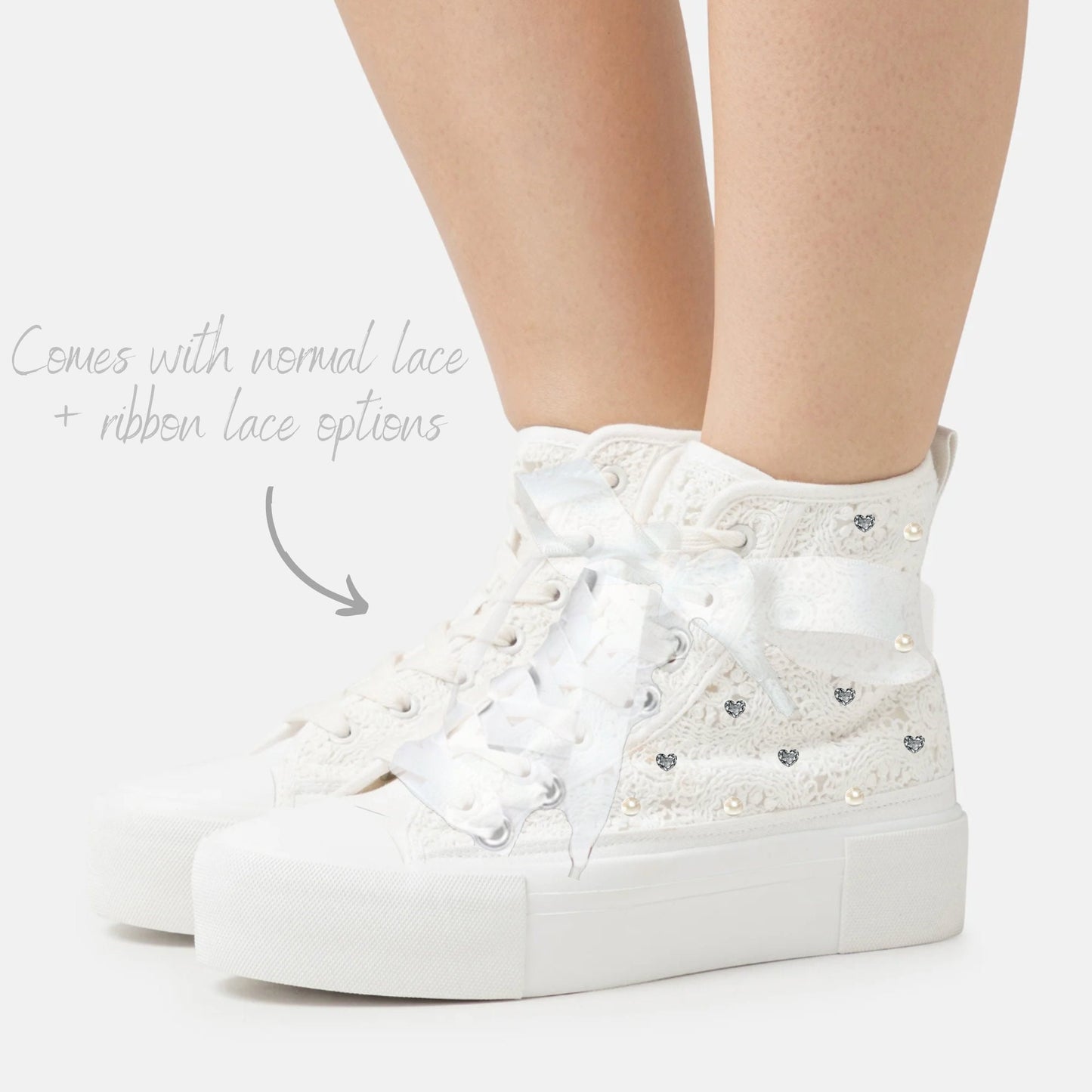 Personalized Bridal Sneakers | White Wedding Converse | Bride Converse | Lace & Pearl Wedding Trainers | Personalised Converse for Wedding