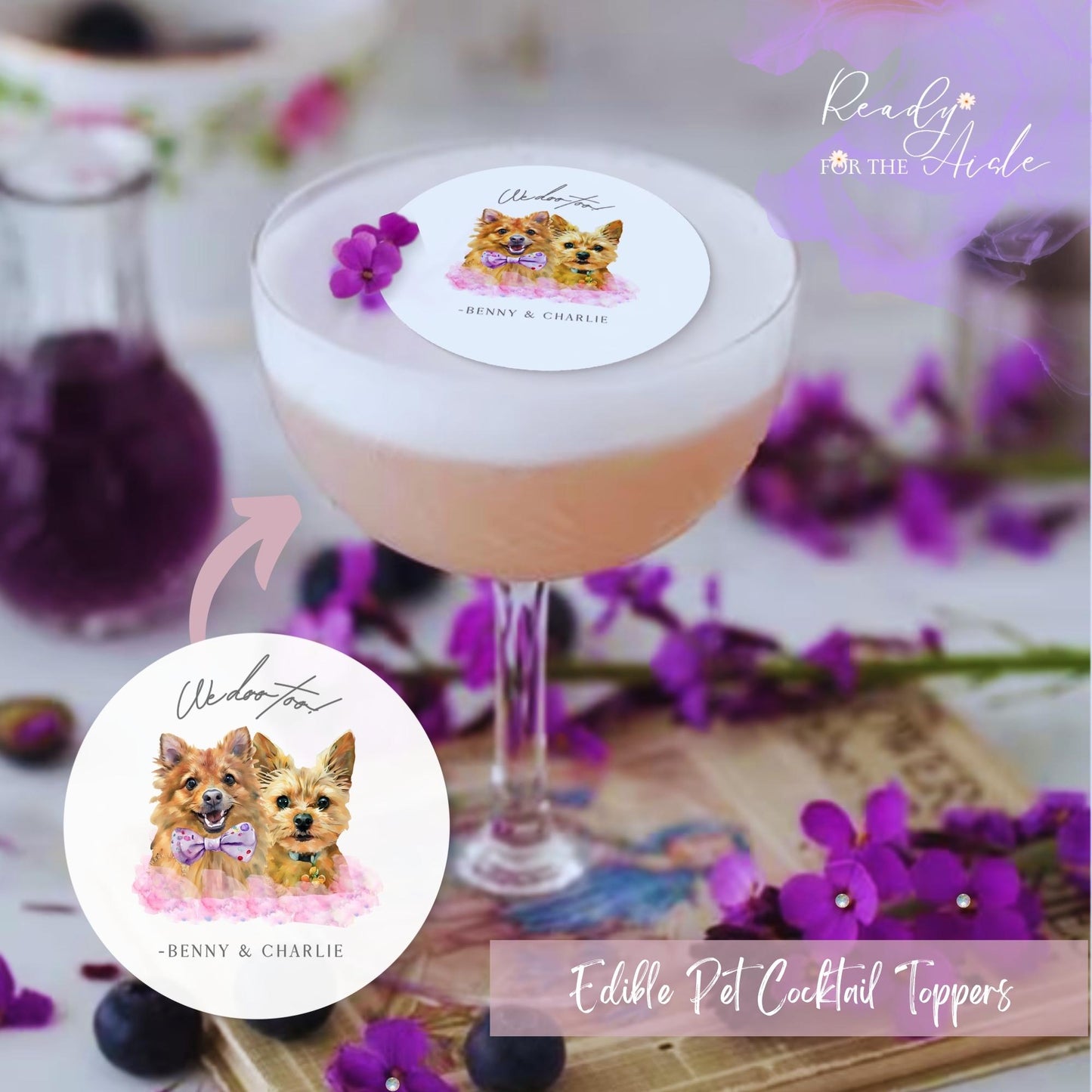 Pet portrait Wafer drink topper, cocktail topper, custom edible drink topper, pet party drink toppers, dog drink topper, cat toppers wedding