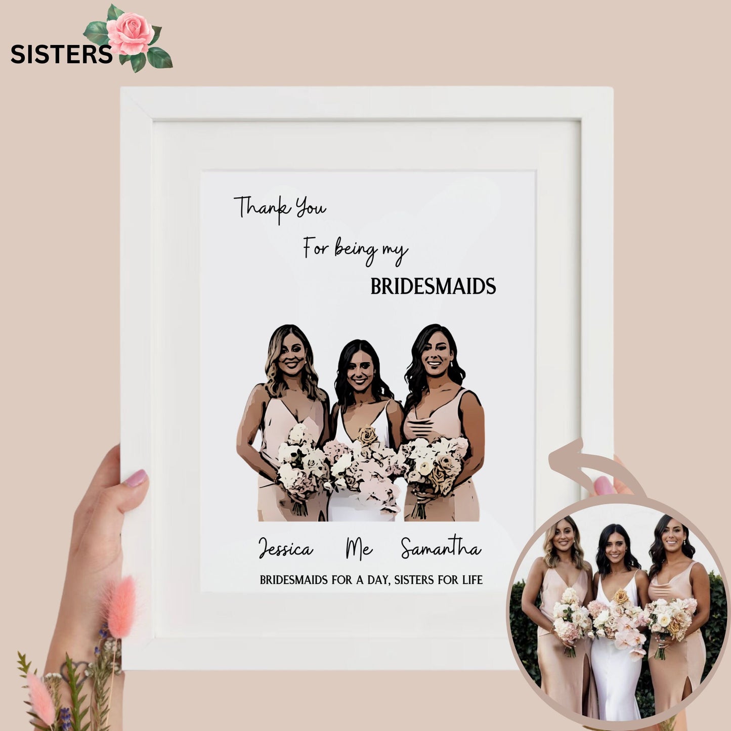 Bridesmaid Photo Personalised Illustration, Personalised Bridesmaid Print, Custom Wedding Photo Illustration,Wedding Gift - DIGITAL FILE