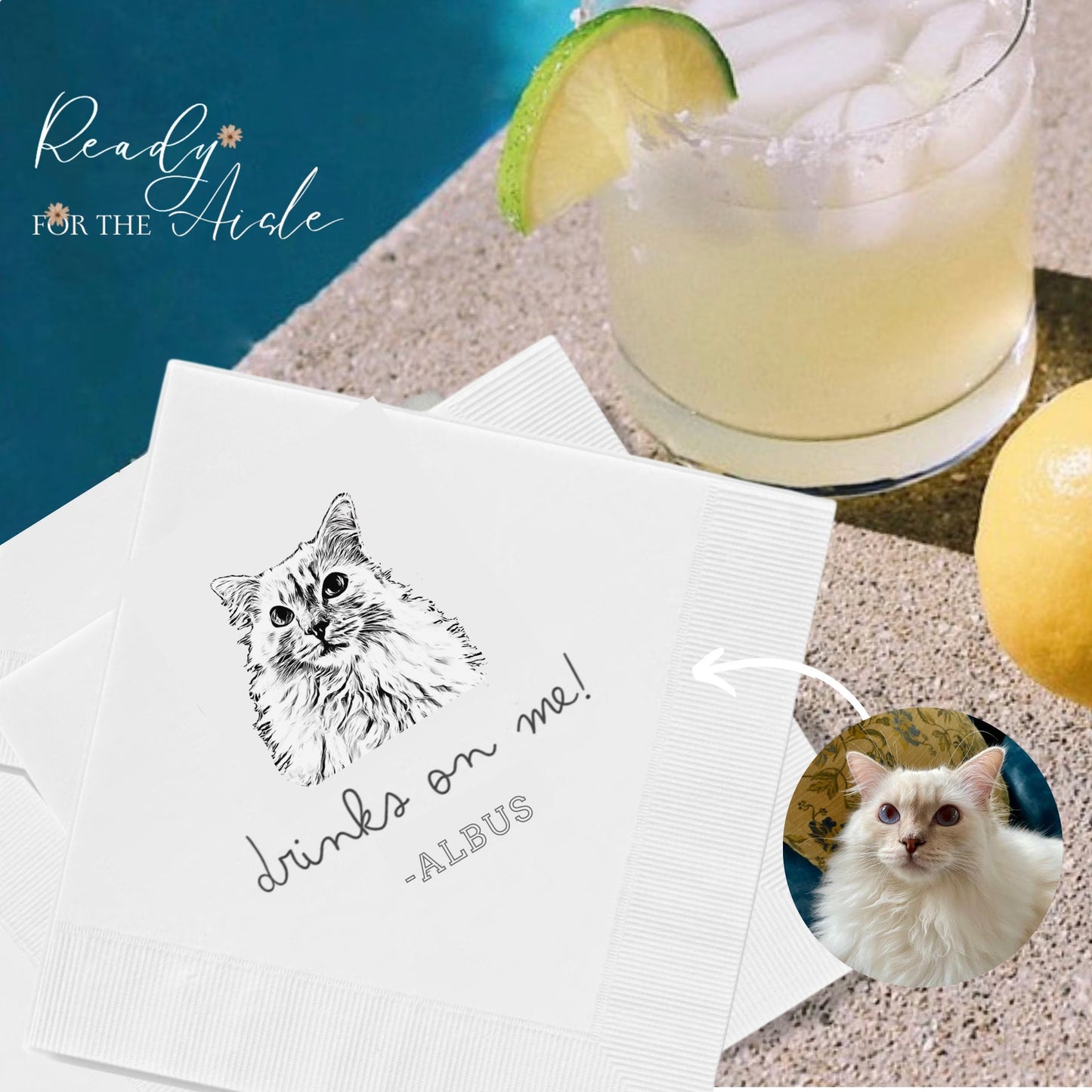 Custom Cat Cocktail Napkins • Personalized Cat Wedding Napkins • Bridal Shower • Rehearsal Dinner Napkins • Cat Party Napkins • Cat Birthday
