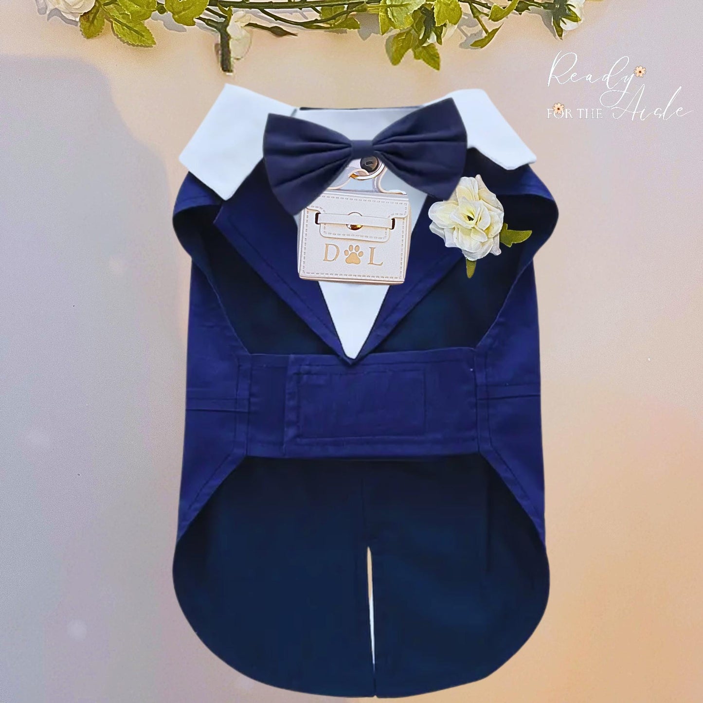 Blue Dog Tuxedo Harness Outfit | Dog Wedding Outfit | Dog Ring Bearer | Personalised dog wedding outfit with ring bearer box | Dog Wedding