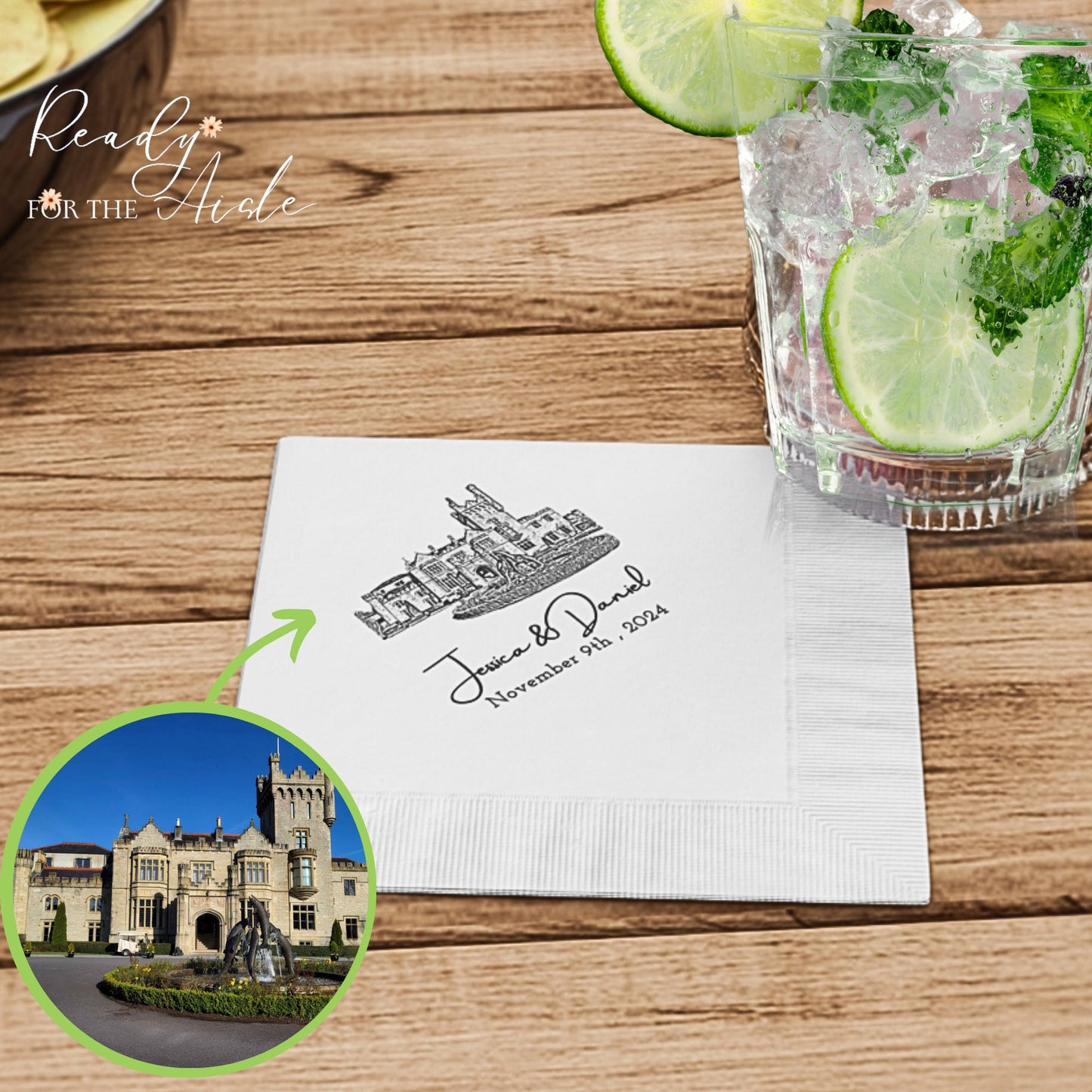 Wedding Venue Illustration Napkin, Personalised wedding venue napkins, Wedding venue bar napkins, Bride and groom cocktail napkins