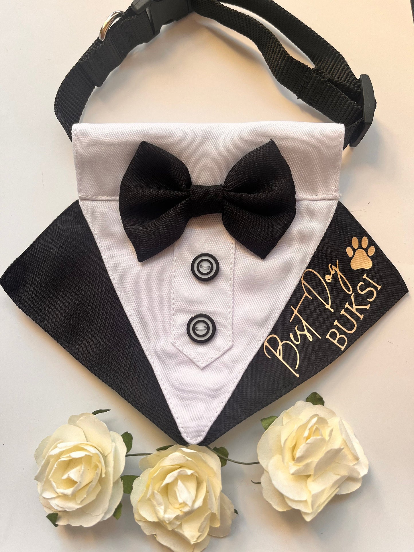 Personalised Tuxedo Collar for dogs | Dog Best Man | Dog Ring Bearer | Dog Tuxedo Collar | Slide-on-collar bandana with bow | Dog Wedding