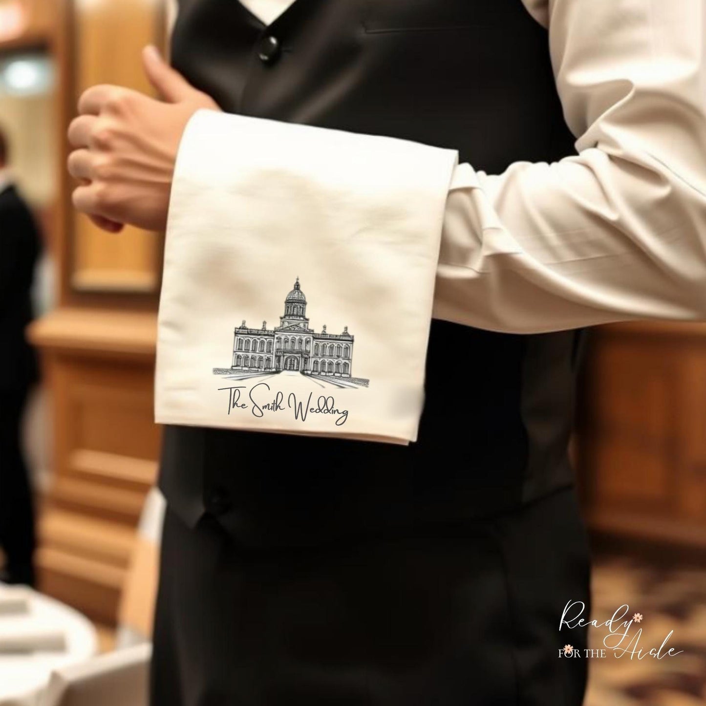 Wedding Venue Illustration Napkin, Personalised Wedding Venue Waiter Serving Towel, Wedding Waiters Cloth, Wedding Waiter Towel With Venue