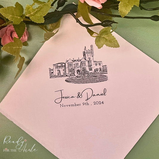 Wedding Venue Illustration Napkin, Personalised wedding venue napkins, Wedding venue bar napkins, Bride and groom cocktail napkins