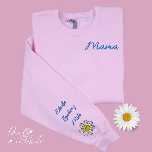 Custom Embroidered Mama Sweatshirt with Kids Name on Sleeve, Personalized Mom Sweatshirt, Minimalist Momma Sweater, Mothers Day Gift for Mom