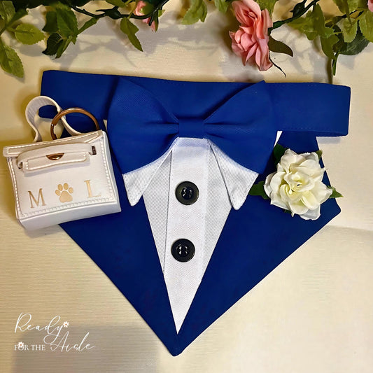 Dog Tuxedo Harness Outfit Blue | Navy Dog Wedding Outfit | Dog Ring Bearer | Personalised dog wedding outfit with ring bearer box | Dog Idea