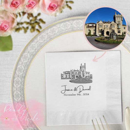 Personalised wedding venue napkins, Wedding venue bar napkins, Personalised cocktail napkins for wedding, Bride and groom cocktail napkins
