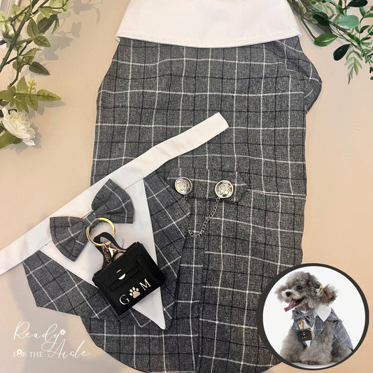 Checkered Dog Tuxedo Outfit | Dog Wedding Outfit | Dog Ring Bearer | Personalised dog wedding outfit with ring bearer box | Dog Wedding Idea