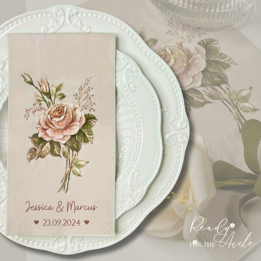 Vintage Wedding Napkins, Flower Wedding Napkins, Personalised Cocktail Napkins, Customized Napkins for Wedding, Floral Napkins with Names
