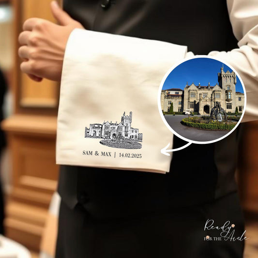 Wedding Venue Illustration Napkin, Personalised Wedding Venue Waiter Serving Towel, Wedding Waiters Cloth, Wedding Waiter Towel With Venue