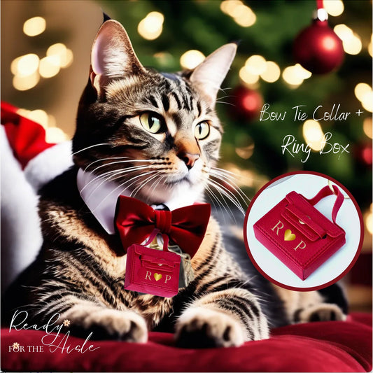 Cat Proposal Collar | Red Velvet Cat Collar with Bow Tie | Cat Christmas Outfit | Cat Christmas Proposal Ring Box | Red Bow Tie Cat Collar
