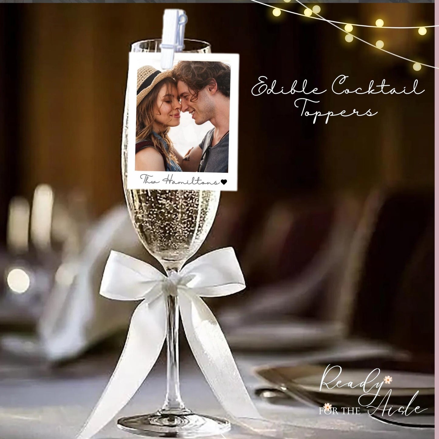 20 x Personalised Text and Photograph Drink Toppers, Edible Wafer Rice Paper,Wedding Photo Topper, Cocktail Toppers with Pegs,Wedding Drinks